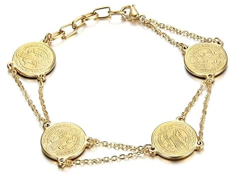 BOBIJOO JEWELRY - Frauen Armband Saint Benedict Medaille 316L Edelstahl Vergoldet Schutz Exorzismus