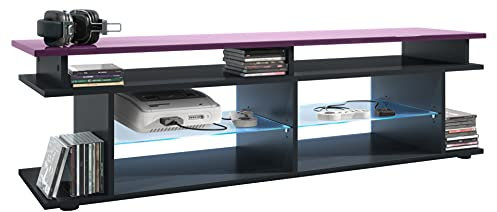 Vladon TV Board Movie V3 Game On 138,5 x 39 x 37,5 cm inkl. LED-Beleuchtung Blau, Korpus in Schwarz matt, Game Aufsatz in Brombeer Hochglanz