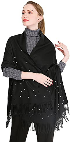 AIRMOOD Winter-Damen-Kaschmir-Schals-Schal Mit Künstlichen Perlen, Warmer Pashmina-Schal-Wrap-Weiche Lange Weihnachtsschal-Decke Für Frauen,Schwarz