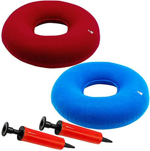 2pcs Inflatable Donut Ring Cushion 40cm with Inflator Pump for Hemorrhoid Treatment Seat Coccyx Tailbone Pillow Perineum Pain Pregnancy Childbirth Prostatitis Wheelchairs Car (light blue + Red)