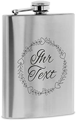 stempel-fabrik – personalisierbarer Flachmann aus Edelstahl mit Name – Motiv Blumenkranz – Taschenflasche mit Wunschgravur – Gravierter Flachmann für Ausflüge, Wanderer und Skifahrer