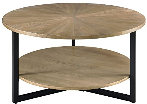 PADMA HOUSE Runder Couchtisch aus massivem Holz, Wohnzimmertisch Sofatisch Metallgestell, 2-stöckiger Kaffeetisch Loungetisch, Einfacher Aufbau für Wohnzimmer (Vintage Holzfarbe)