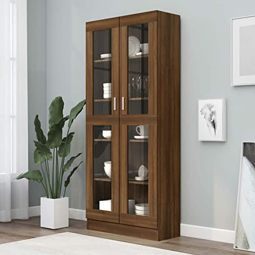 Gecheer Vitrinenschrank mit 5 Fächern Bücherschrank Aktenschrank Büroschrank Vitrine Schrank Bücherregal Standvitrine Holzwerkstoff Braun Eiche 82,5x30,5x185,5 cm