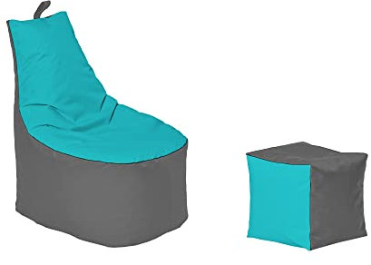 Momiralland Classic Sitzsack XL - XXL mit Hocker Sitzkissen BodenKissen Sessel In- & Outdoor geeignet Gaming Sitzsack für Erwachsene und Kinder… (Anthrazit – Türkis, XXL - Durchmesser 78 cm)