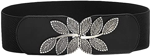 Weenkeey Breiter Elastischer Taillengürtel Vintage Breiter Hüftgürtel Mode Cinch Gürtel mit Blatt Schnalle für Kleid Hemden Mantel - Schwarz