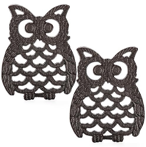 Hedume 2 Pcs Cast Iron Owl Trivets, Heavy Duty Cast Iron Trivet with Rubber Pegs, Decorative Trivet for Kitchen Counter or Dining Table, Insulation Pad, Anti-Scald Pad, Heat Resistant Pad-Rust Brown
