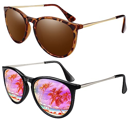 LINVO Solglasögon dam polariserade UV-skydd vintage retro designerstil runda solglasögon, (2-pack) Leopard | Brun + Glansig Svart | Rosa-lila, Medium