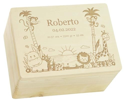 LAUBLUST Scatola personalizzata per bambini - Giungla - Regalo personalizzato per bambini | Taglia XL, ca. 40 x 30 x 24 cm, Naturale - Scatola decorativa in legno con coperchio, FSC®