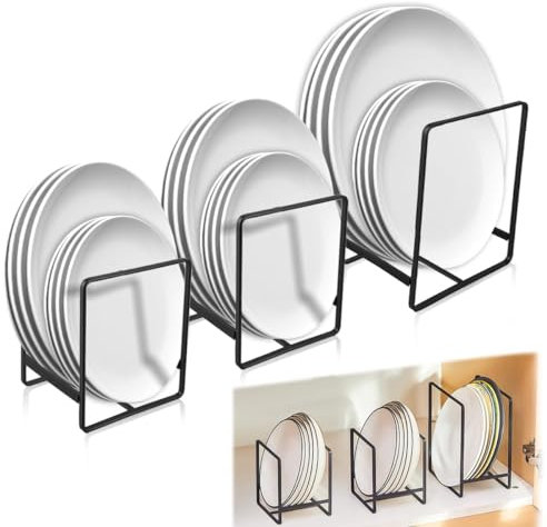 Lot de 3 supports d'assiettes, organiseur d'assiettes, tiroir avec poignées, porte-assiettes, porte-assiettes, en métal, rangement des assiettes, pour armoire de cuisine (noir)