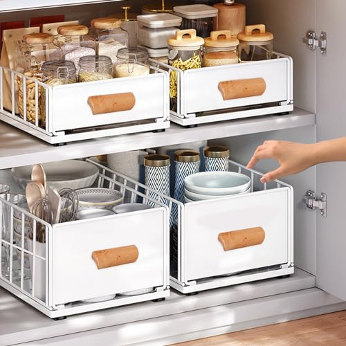 Teleskopschublade, Ausziehbare Schublade Küche, Slide Out Drawer Pull Out Cabinet Organizer, Kein Bohren Kohlenstoffstahl Schrank Organizer Aufbewahrungsregale mit Holz Griff (Weiß L)