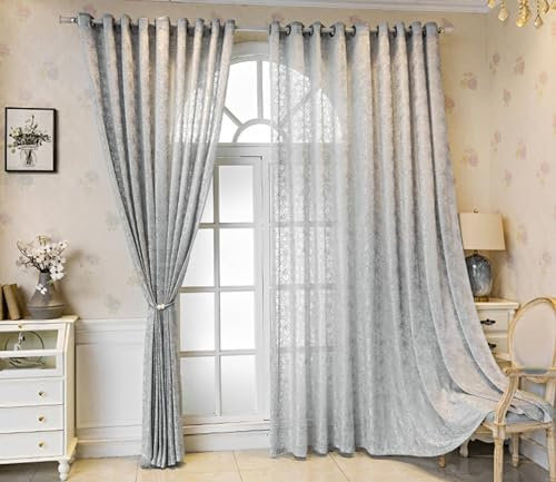 Daesar Vorhänge Lichtdurchlässig Wohnzimmer, Vorhänge Ösen 2er Set 107x138CM Jacquard Blumen Motiv Amerikanisch Grau Gardinen und Vorhänge für Schlafzimmer Esszimmer