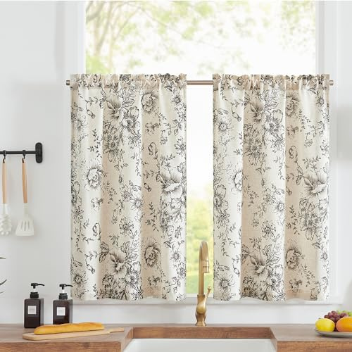TOPICK Linen Look Black Floral Cafe Kitchen Curtains W26xL36 Inch, 2 Panels | Light Filtering Short Curtain Tiers for Bathroom, Sink, Living Room, Bedroom Small Windows, Cupboard Base, Rod Pocket