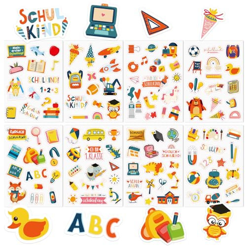 BETESSIN Aufkleber Einschulung - 16 Bögen Schulanfang Sticker für Basteln Schultüten - Geschenk zum Schulanfang - Schultüte Füllen Ideen - Einschulung Deko für Mädchen und Jungen