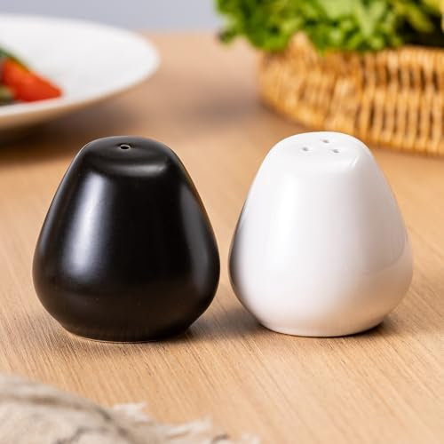 Tanew Set di 2 saliera e pepe in ceramica, stile rustico, 56,7 g, mini saliera vintage carini, bianco lucido e nero opaco, perfetti per cucina compatta, viaggi, barbecue, cucina e decorazione per