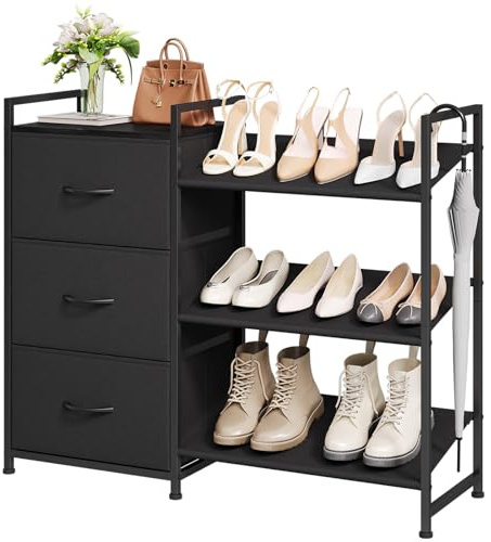 Somdot 3 Stufiges Schuhregal mit Metallrahmen, Schuhschrank 3 Ablagen für 6-9 Paar Schuhe, Kommode Schwarz mit 3 Stoffschubladen, Schmaler Schrank für Eingang Flur