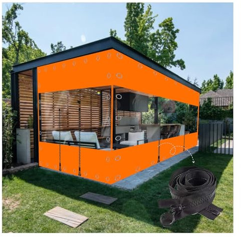 HBOOMOEM Zipper Tarpaulin，Outdoor Tarp Curtains With Zipper Door,Pvc Plastic Tarp Sheet Cover，Pergola Patio Porch Gazebo Carport Transparent Orange Tarpaulin，With Grommets.(10 * 12m/394 * 472in)