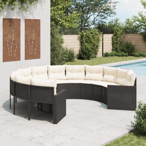 LAPOOH Gartensofa mit Kissen Rund Schwarz Poly-Rattan, Gartenlounge, Garden Sofa, Balkonmöbel, Gartenmöbel, Loungemöbel - 3318531