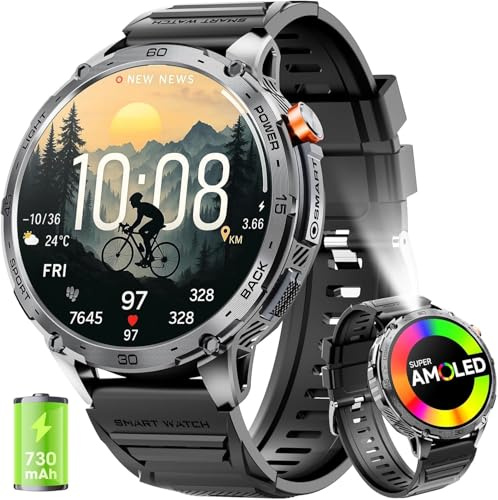 mingwear Smartwatch Uomo 1.75 AMOLED 730mAh 110+ Sportive Orologio Smartwatch con Sonno/Cardiofrequenzimetro/Torcia LED Militare Smartwatch Compatibile iOS Android (Risposta alle Chiamate Bluetooth)