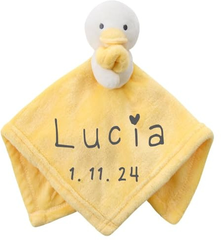Wuff-Dogsworld Baby Kuscheltuch VIELE Modelle mit Namen Bestickt Geschenk Taufe Geburt Schmusetuch Schnuffeltuch Trösterchen Junge Mädchen (Ente)