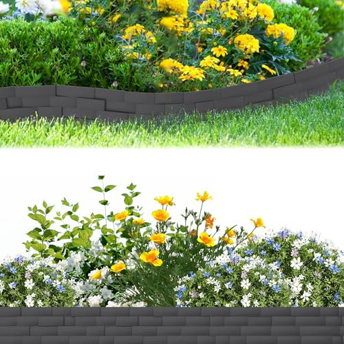 UISEBRT 5m Gartenpalisade Beeteinfassung aus Kunststoff in Steinoptik, 10x100cm Rasenkante für Garten Beetumrandung, Randsteine & Mähkante, Wetterfest & Flexibel Steckbar, Anthrazit