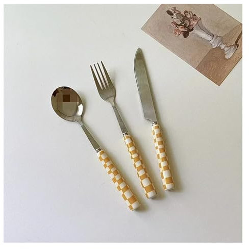 MMRTDJDR 3 pc/Set Christmas en Acier en Acier Inoxydable cuillère à Damier en céramique Manche en céramique de Cuisine pour Une cuillère à Fourche à fourchettes (Jaune)