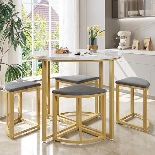 DRIXNO Esszimmertisch-Set mit Vier Stühlen,Essgruppe mit MDF-Tischplatte und vergoldeten,Samtstuhl,Moderne Luxustische und-stühle,Grau