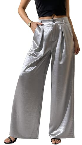 Palazzo-Hose für Damen, weites Bein, Satin, seidig, elegant, lässig, glänzend, glitzernd, Pailletten, Party, Ausgehen, Arbeitshose