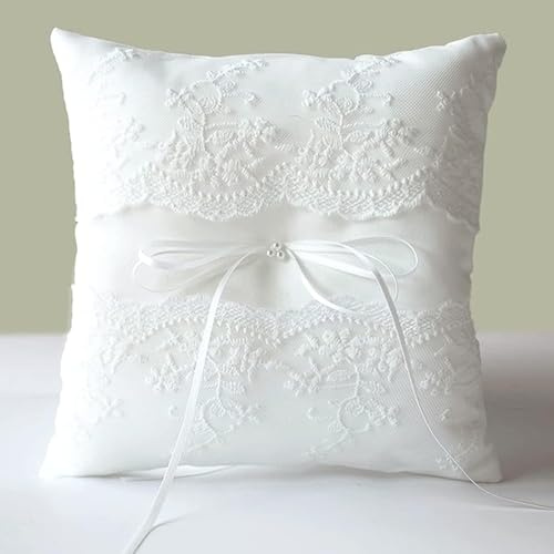 Sunshinesmile Bride Wedding Ring Pillow, 8 inches White Satin with Bow and Lace Trim Pearl Ivory Ring Bearer Cushion for Wedding Party Decorative Cushion, (Lace)
