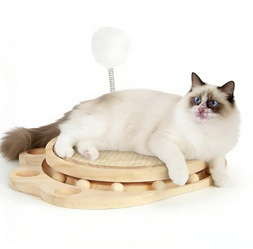 Iptienda Kratzbrett für Katzen, 3-in-1 Interaktives Katzenspielzeug mit Katzenminze Bällen & Plüschkugeln, Natürliche Sisal Kratzmatte aus Kiefernholz zum Spielen und Entspannen (30x27x5cm)