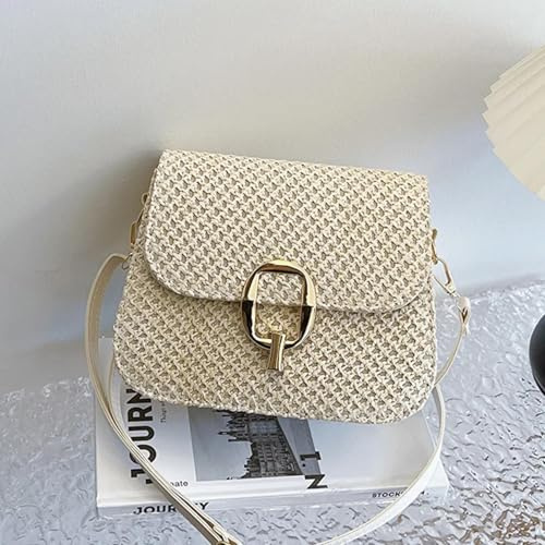 AAIXXIZAO Strohtaschen Strandtasche Stroh Umhängetaschen Casual Reise Strand Umhängetasche Klappe Damen Handtaschen 20X15X8Cm Beige