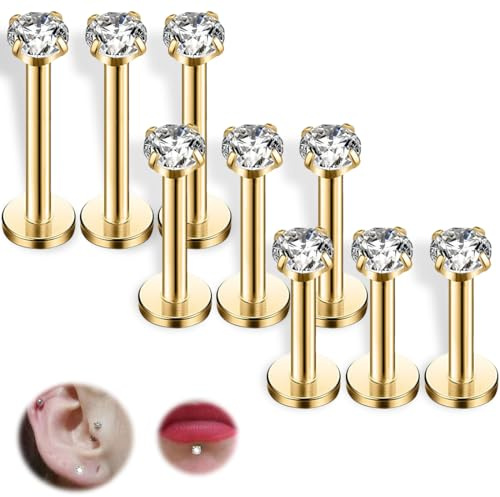 COYUN 9 Pcs Piercing Oreja Tragus Labret Roscado Interno Labio Hipoalergénico Pendiente Pequeño Helix, Oreja Labio Piercings Hipoalergénico Tragus Pendientes Labret Nariz Studs para unisexo, oro