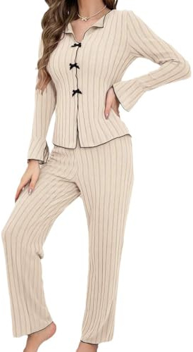 Fjquamitix Ensemble de pyjama pour femme en coton modal à manches longues, ensemble de pyjamas doux et respirant pour femme avec taille ajustable, fermeture à bouton sur le devant pour elle, Beige