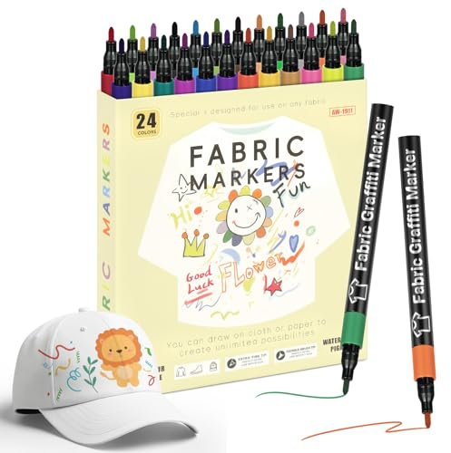 APXEL 24 textilpennor maskintvättbara, giftfria textilmärkpennor tvättbeständigt set med fin spets, textilmålarpennor pysselpennor permanent tygmarkör för t-shirts jeans tygväskor