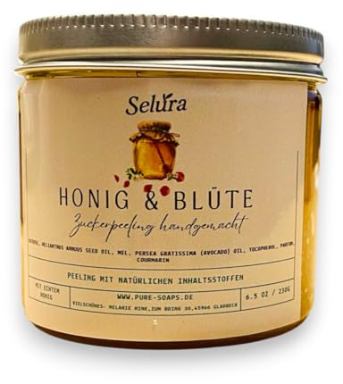 Zuckerpeeling, Natürliches Körperpeeling tolle Düfte, Avocadoöl & Vitamin E, Sanftes Peeling für glatte Haut, Handgemacht, 230g (Honig & Blüte)