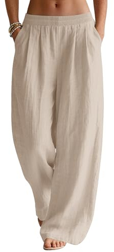 Rapbin Trousers for Women UK Casual Linen Wide Leg Pants with Pockets Ladies Summer Casual Elasticated Trouser Khaki M