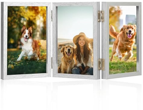 Trifold Photo Frame, 6x4 inches Picture Frame Collage for 3 Photos, Hinged Triple Foldable Frames with Acrylic Plate 180° Foldable Hinged Picture Frame for Wedding Family Tabletop Desk Display (Grey)