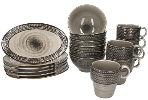 Mäser PROSPERO 18tlg Frühstücksset I braunes Geschirr-Set aus Durable Porzellan mit Relief I je 6x Platte oval, 6x Müslischale & 6x Kaffeebecher I Frühstück & Kaffee