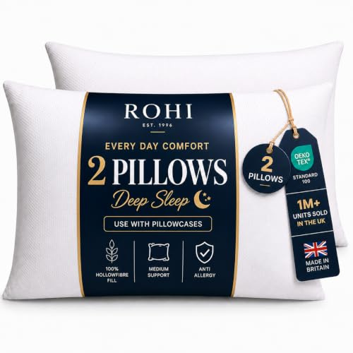 Rohi Everyday Comfort Pillows 2 Pack | Neck Support Hypoallergenic Pillow Inserts | Breathable Medium Firm Pillows for Back, Front & Side Sleepers | UK Made 45 × 66 cm