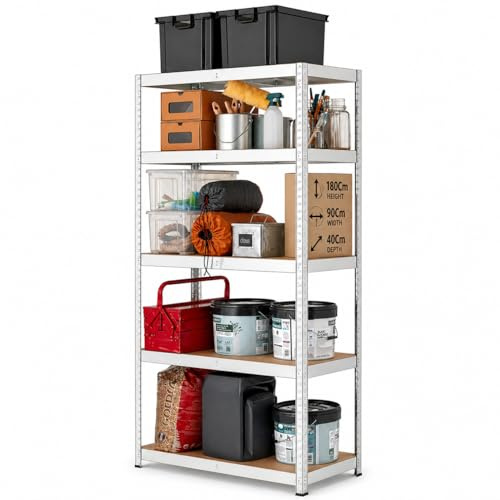 Heavy Duty Garage Shelving Unit 180 x 90 x 40 cm – 875kg Total Capacity, 175kg per Shelf, Adjustable 5 Tier Storage Rack with 4mm MDF Shelves, Wide 5cm Steel Frame, Boltless Assembly for Garage, Shed