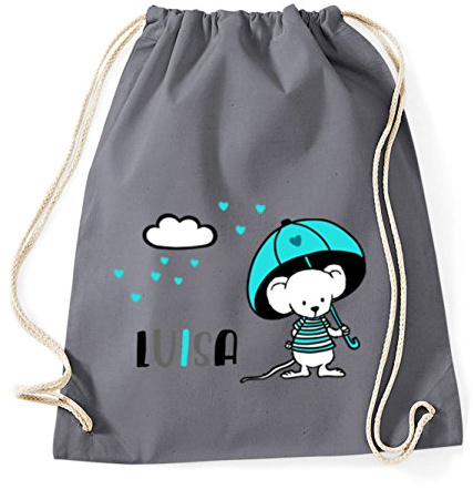 minimutz Turnbeutel mit Name | inkl. NAMENSDRUCK | Motiv Maus & Schirm | personalisieren & bedrucken | Jungen und Mädchen türkis grau