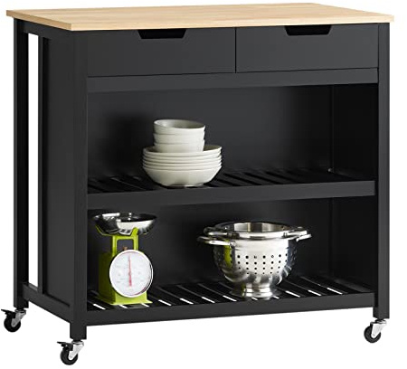 SoBuy Kitchen Island on Wheels, Kitchen Storage Rolling Trolley Breakfast Dining Bar Table, 2 Drawers & 2 Shelves Storage, Black & Natural, W100xD60xH94cm, FKW74-SCH