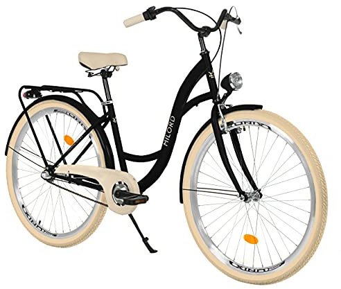 MILORD Bicicleta de Confort Negro y Crema de 3 Velocidad y 26 Pulgadas con Soporte Trasero, Bicicleta Holandesa, Bicicleta para Mujer, Bicicleta Urbana, Retro, Vintage