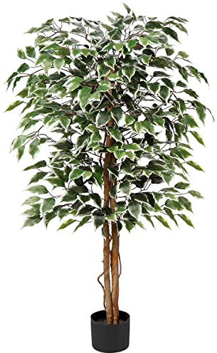Künstliche Pflanze Groß Kunstbaum Ficus Benjamini Kunstpflanze Baum mit Echtholzstamm Ideal für die Innendekoration Grün Weiß