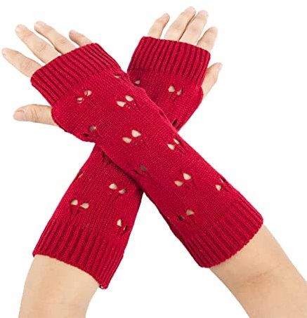 Handschuhgeschenk für Sie, 1 Paar hohle Herz-Halbfinger-Armabdeckungen, dick, gehäkelt, einfarbig, Winterhandschuhe, Handwärmer, Rot
