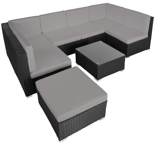tectake XXL Polyrattan Lounge, Gartenmöbel Set, Sitzgruppe, Balkon Möbel mit 6 Sitze 1 Tisch 1 Hocker, inkl. Sitzkissen, Gartenlounge Outdoor, wetterfest, für Garten, Balkon, Terrasse - schwarz/grau