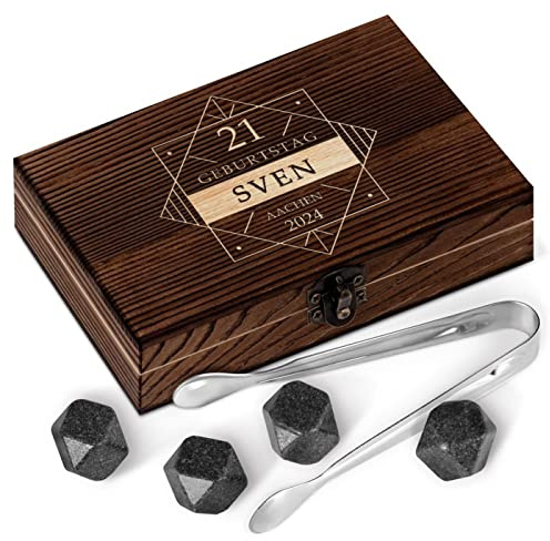 Maverton Whisky Steine Set - in Holzbox - personalisiert - 6 Eiswürfel + Zange + Velourbeutel - Kühlsteine - wiederverwendbar aus Granit - für Herren - quadratisch