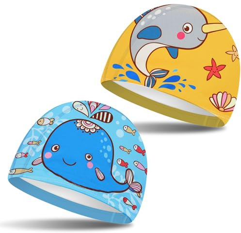 2 Stück Badekappen für Kinder,Kinder Niedliche gedruckt Badekappen Karikatur Badekappe Elastisches Polyester Badekappe für Jungen Mädchen im Alter für 1-8 Jahren