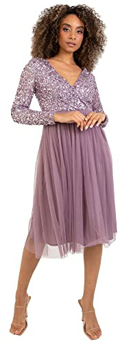 Maya Deluxe Women's Ladies Wedding Guest Midi Dress Long Sleeve Plunging Neckline V Neck Sequin Embellished Graduation Bridesmaid, Moody Lilac, 16 (EG024-MIDI-MM)