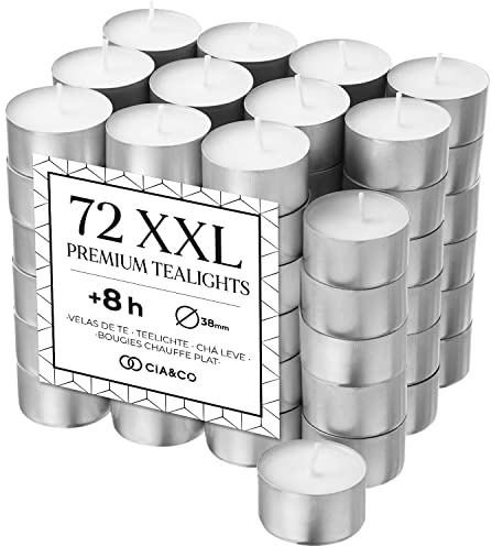 Pack Cia&Co 72 Bougies Chauffe-Plat 8 Heures XXL Longue Durée. Bougies Blanches Rondes +8 Heures Sans Parfum 100% Paraffine. Diamètre 38 mm, Idéales pour l’Hôtellerie Sans Odeur