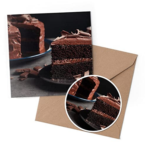 1 x Greeting Card & 10 cm Round Sticker Set - Chocolate Cake Slice Cafe Chef Food - Birthday Thank You Friend Lover Fan Mum Dad Kids #50514